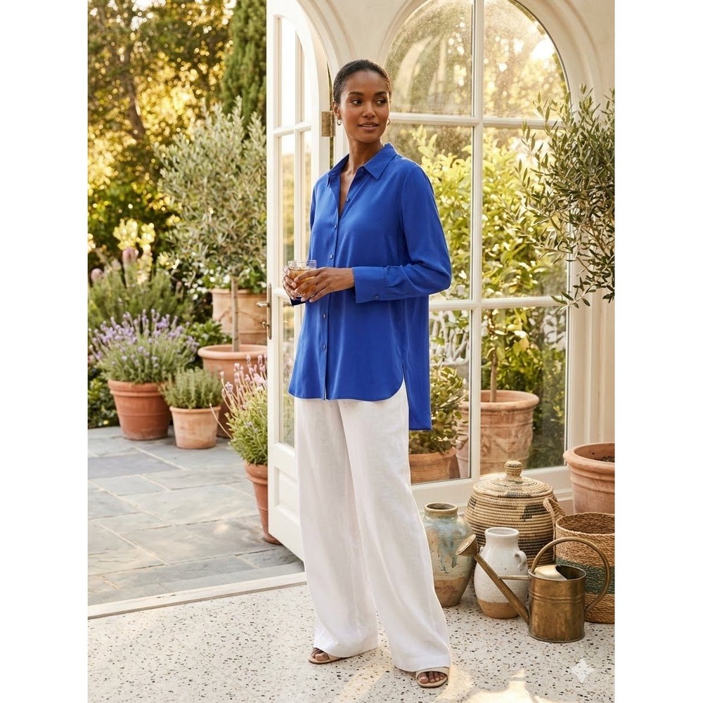 Eileen Fisher Royal Blue Silk Button Down Tunic High Low Hem Shirt Womens Medium
